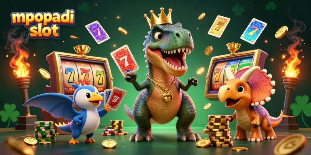 Experience the thrill of mpopadi slot with a cartoon T-Rex dealing cards and a triceratops stacking chips.