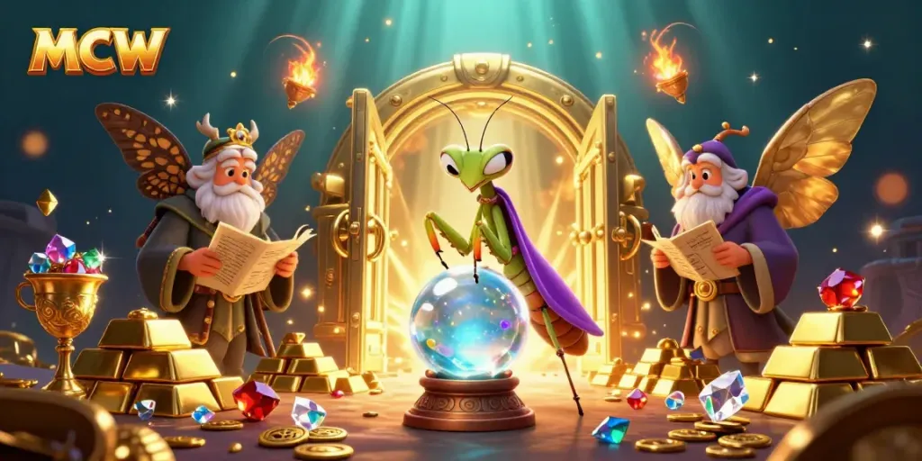 Engage with MCW's mystical fortune tellers surrounded by treasures in a vibrant online casino.