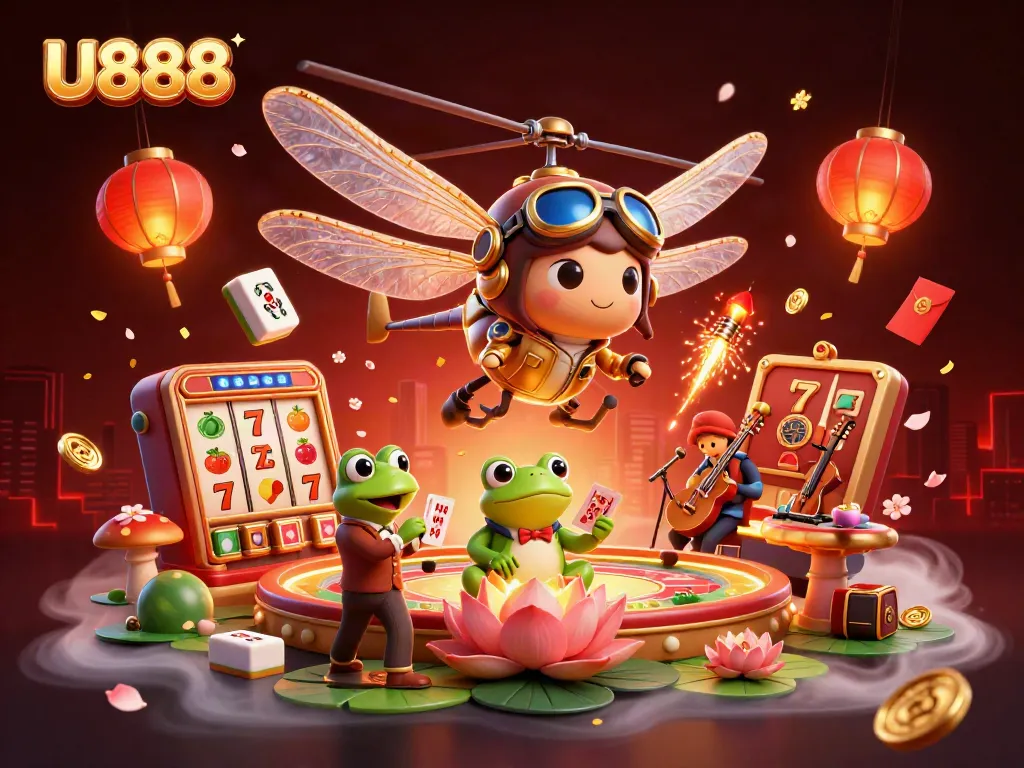 Experience the vibrant, dynamic U888 gaming scene with a dragonfly pilot and frog dealer in a rich casino atmosphere.