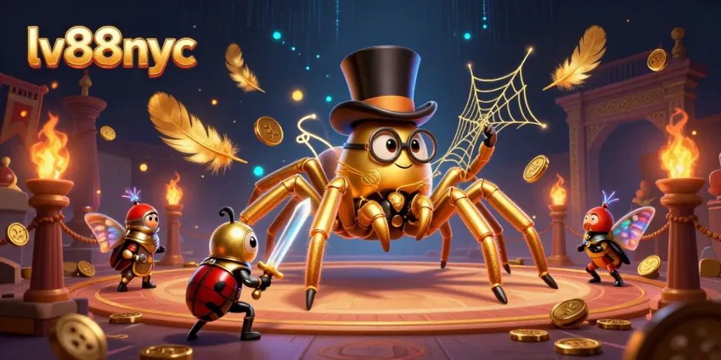 Engage in thrilling gameplay at lv88nyc with a vibrant scene of a golden tarantula and knight battling with coins and casino elements.