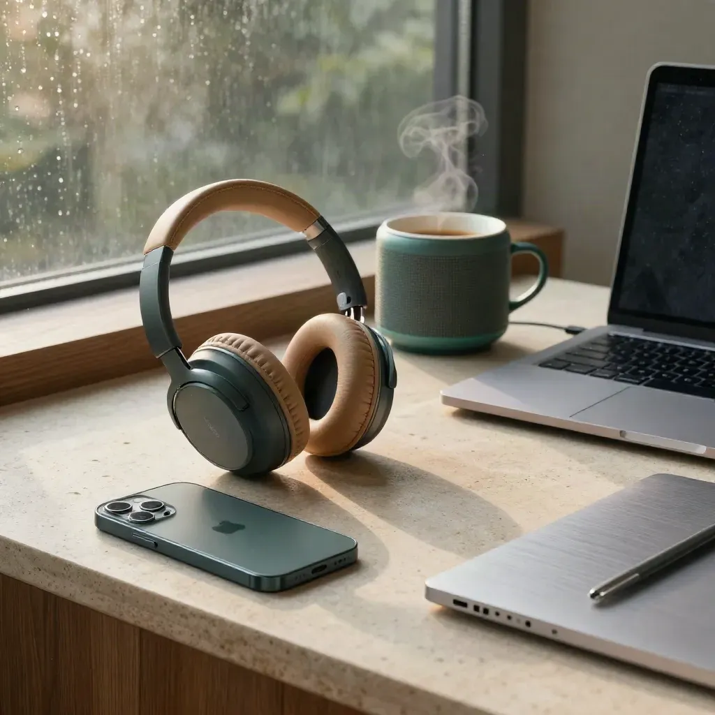 Rain-lit still life of headphones, laptop, phone, speaker, and espresso on stone and oak.