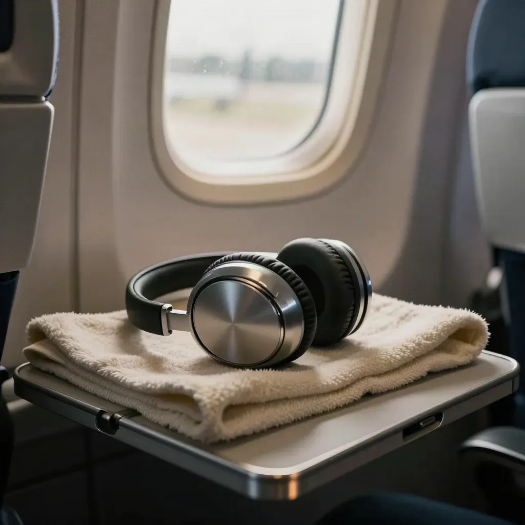 Headphones and folded airline blanket on a tray table beside a dim airplane window.