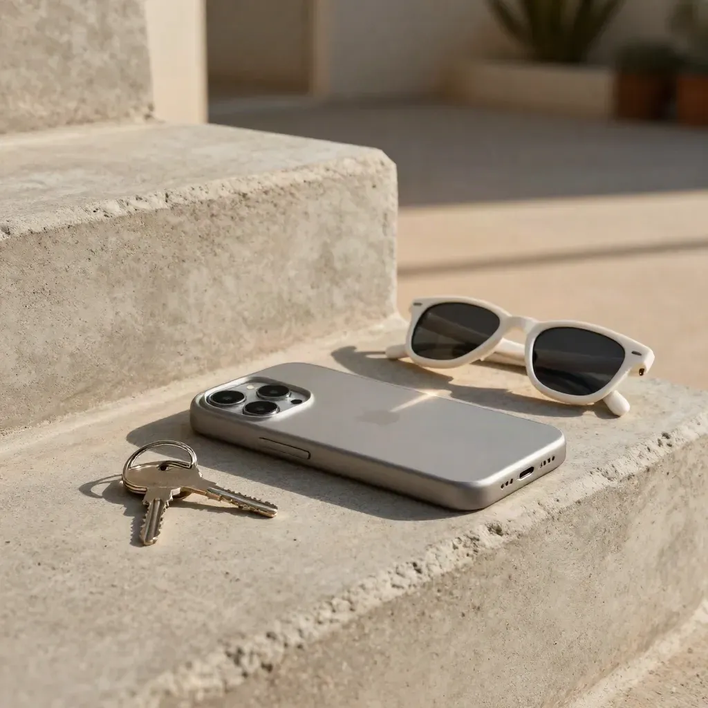 Phone, sunglasses and key ring on a sunlit concrete stair in warm afternoon light.
