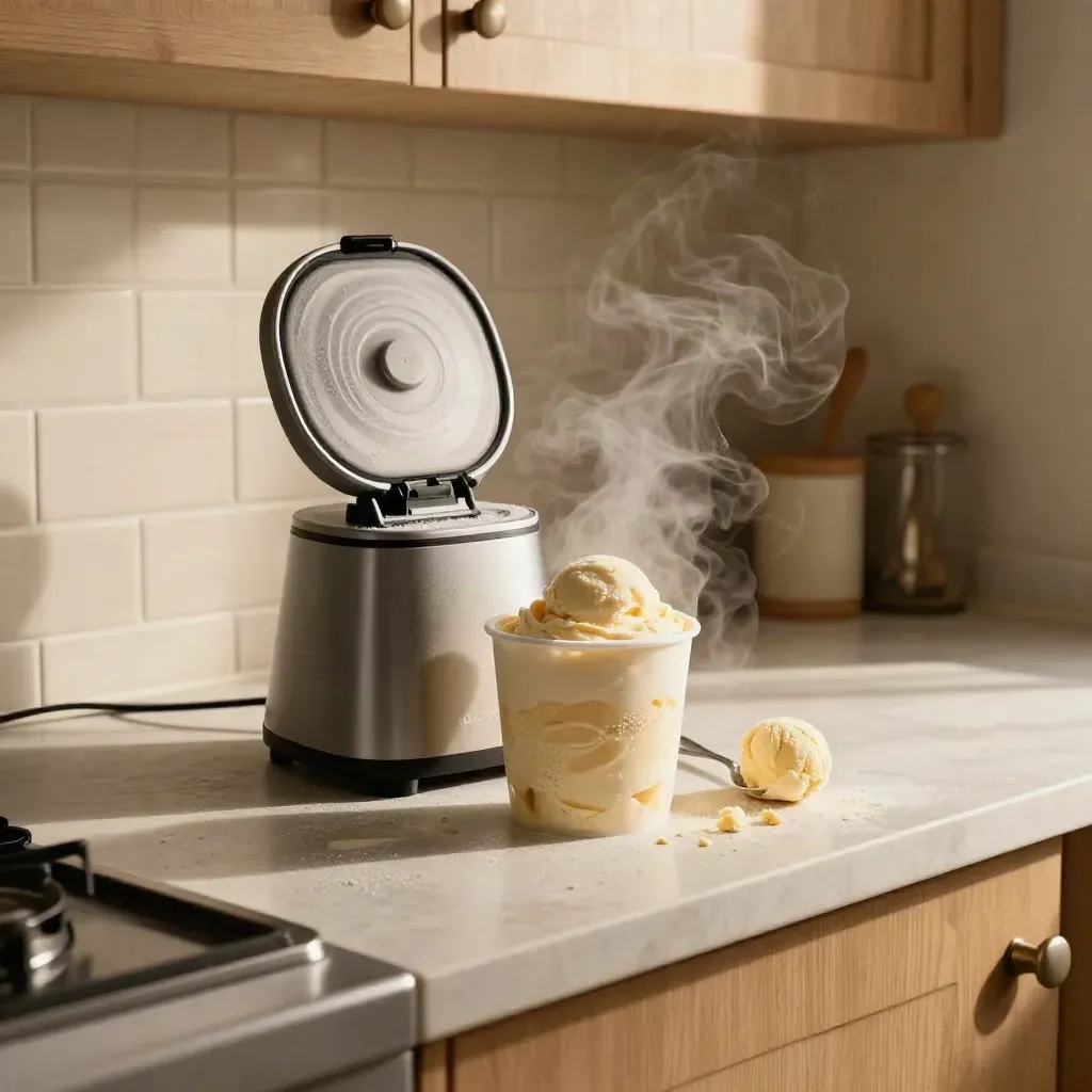 Open ice-cream maker with pint, spoon, frosty haze, and amber light on a pale kitchen counter.