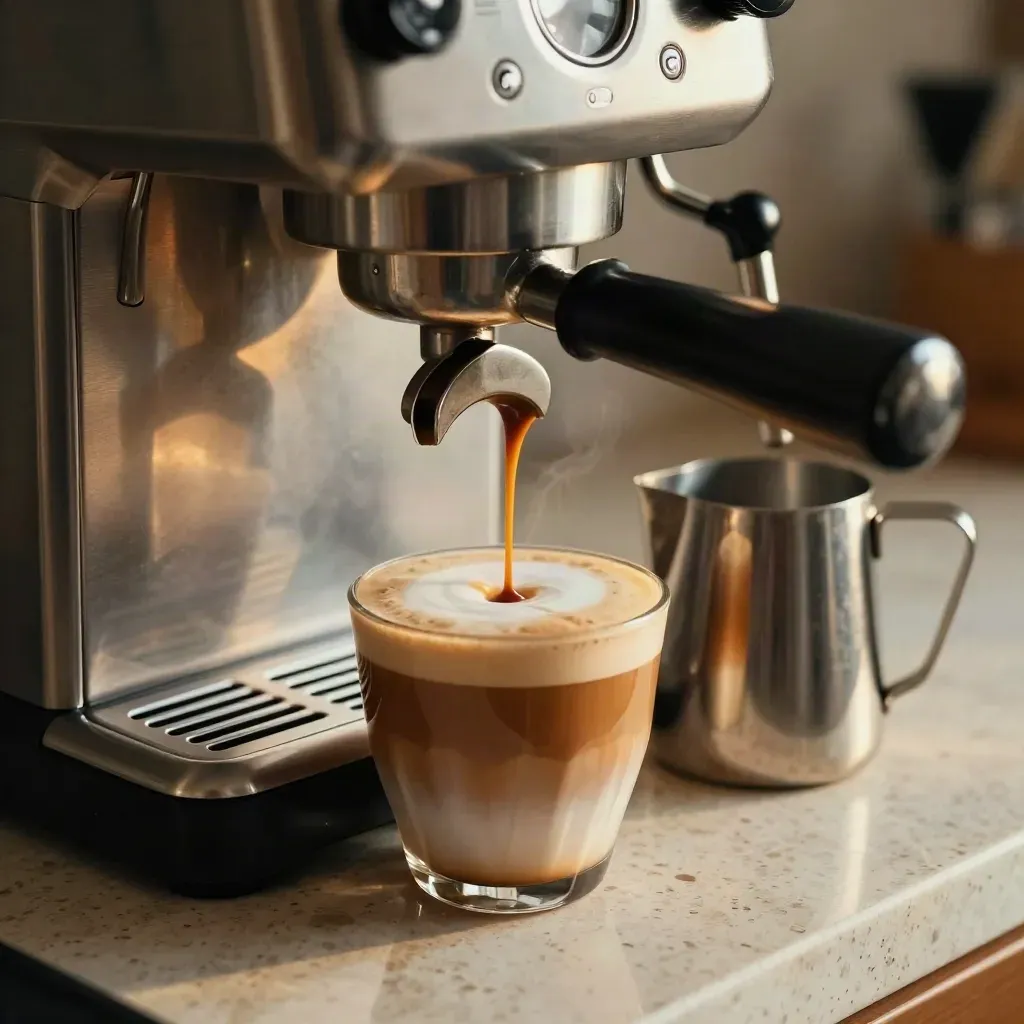 Crema settling in a cup beside a budget espresso machine and milk pitcher on stone.