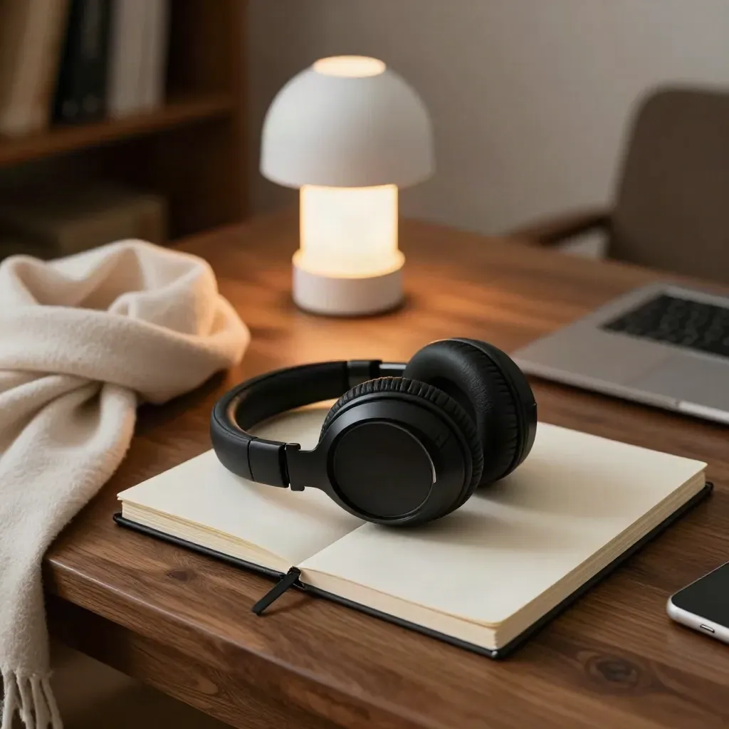 Black headphones, closed notebook, ivory scarf and glowing lamp on a walnut reading table.