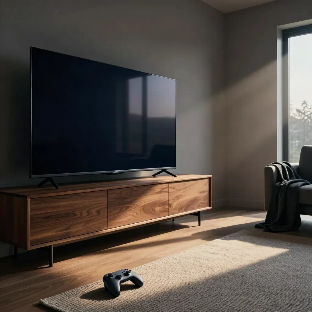 OLED TV glows in a dark living room with controller, console, and folded throw.