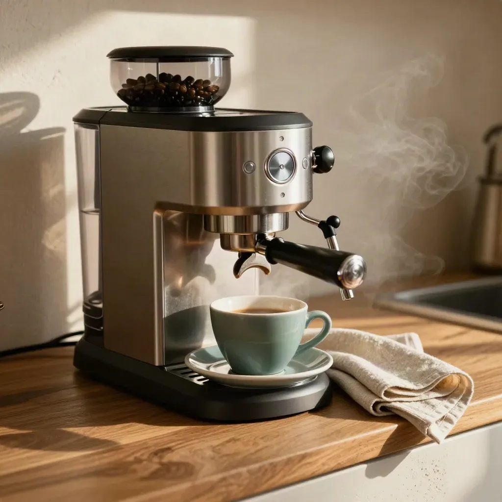 Espresso machine pulling coffee beside a cup, saucer, and folded towel on a warm kitchen counter.