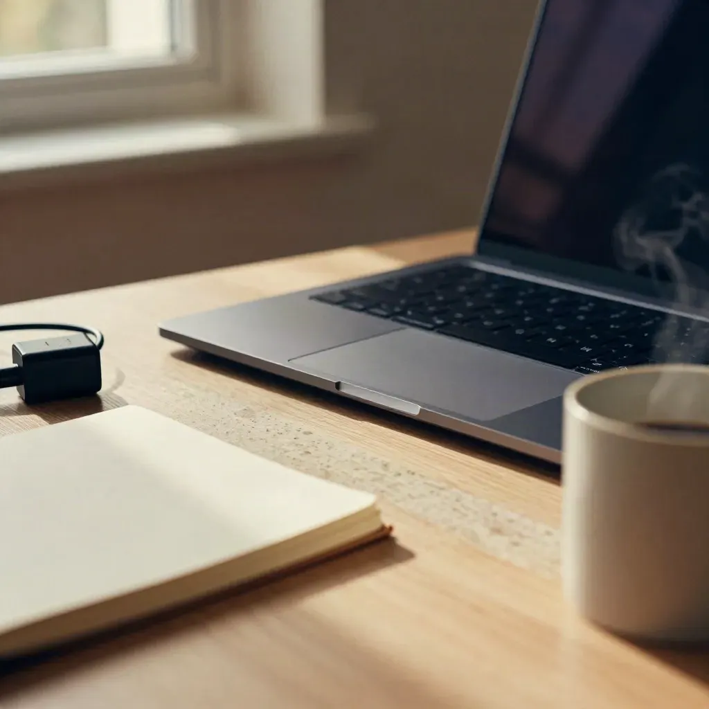 Open budget laptop on a dorm desk with charger, notebook, and mug in cool morning light.
