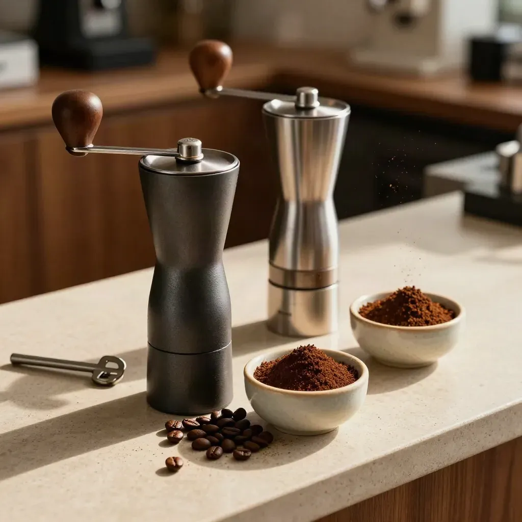 Two burr grinders with scattered grounds and beans on a stone counter, chaff floating in warm light