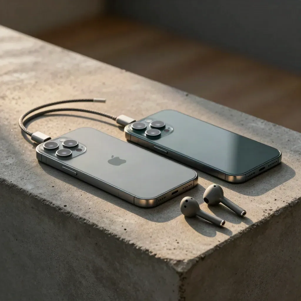 iPhone and Pixel phones back to back on concrete with cable and earbuds in warm afternoon light