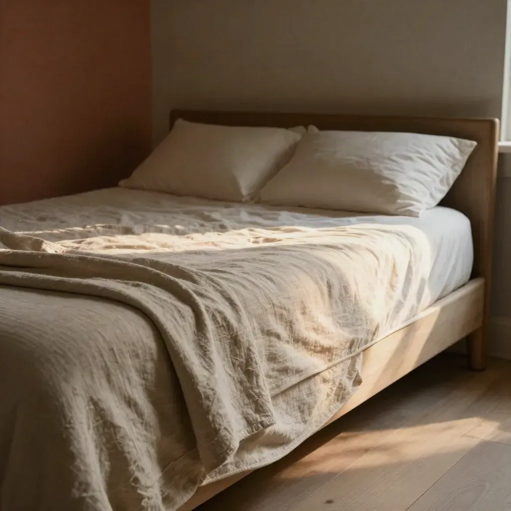 Mattress with rumpled linen, two pillows and folded throw in a moody bedroom