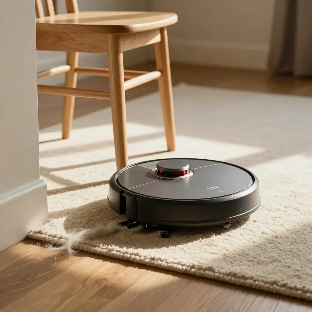 Slate robot vacuum under a chair clearing pet hair beside a rug edge, with fluff drifting in light.