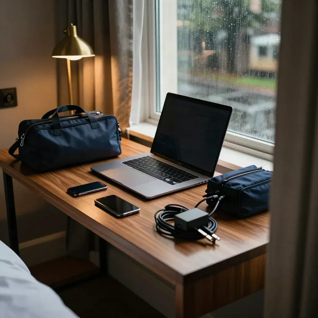 Laptop, phone, navy pouch, and adapter bundle on a hotel bedside table by a rainy window.