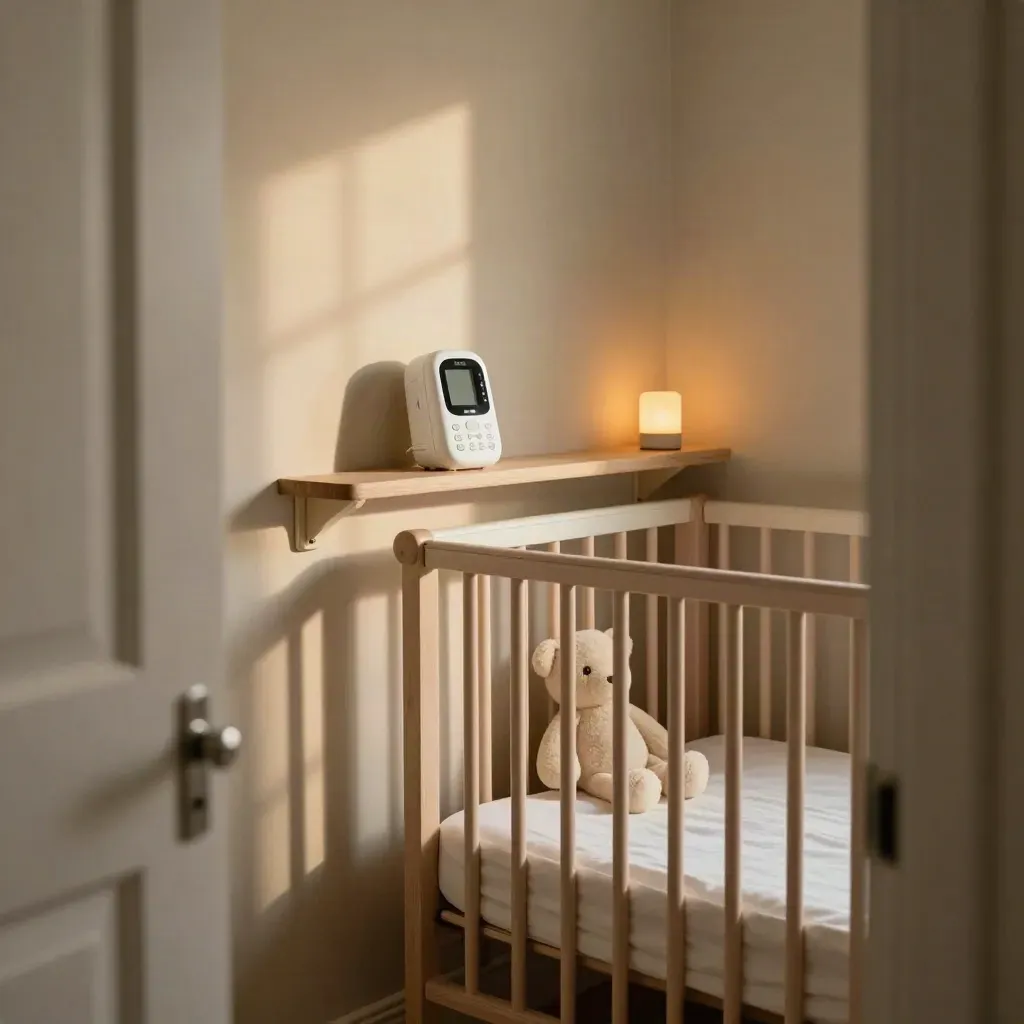 Warm nursery corner with crib, baby monitor, plush toy, and glowing night light at bedtime.