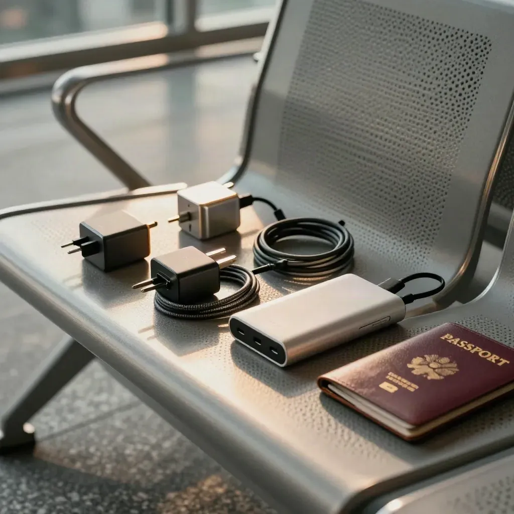 Adapters, cables, power bank, and passport wallet on an airport bench