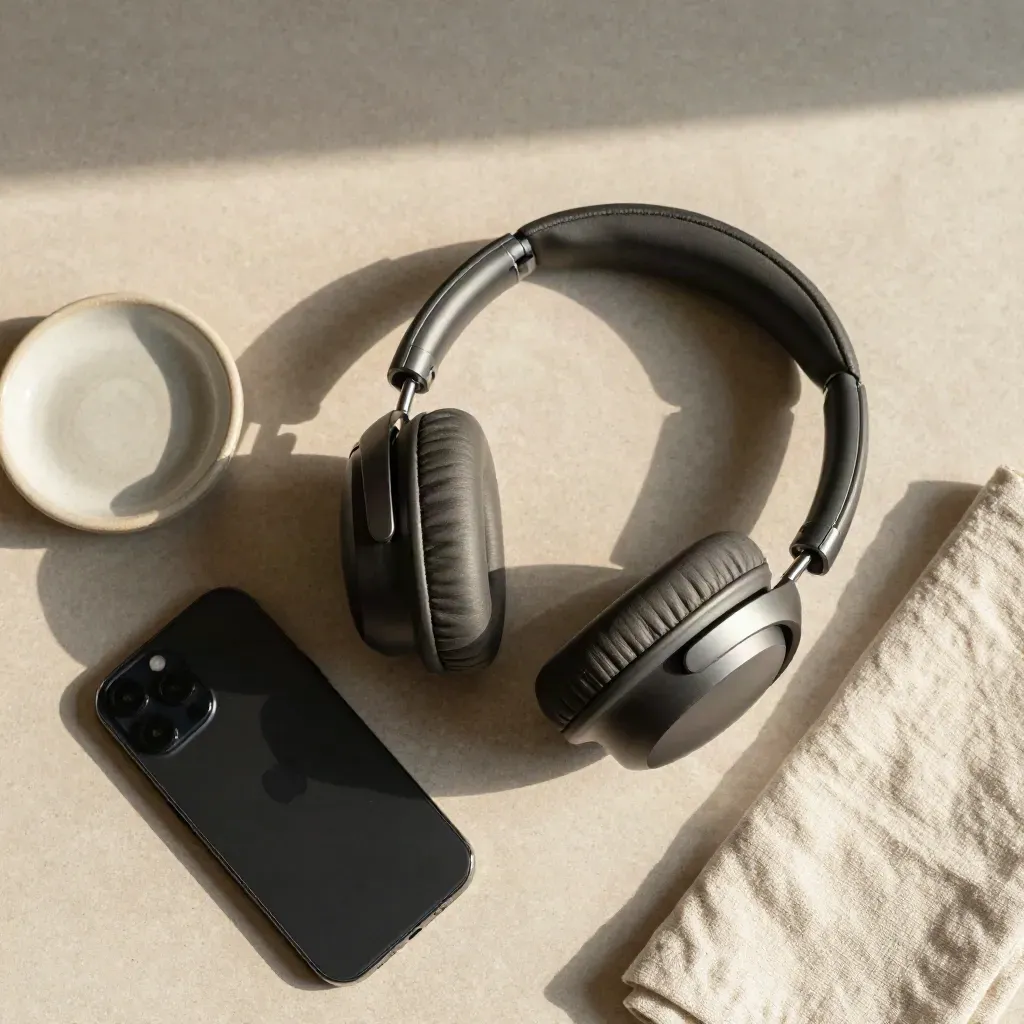 Over-ear headphones, phone, dish, and linen cloth on pale stone in an editorial flatlay.
