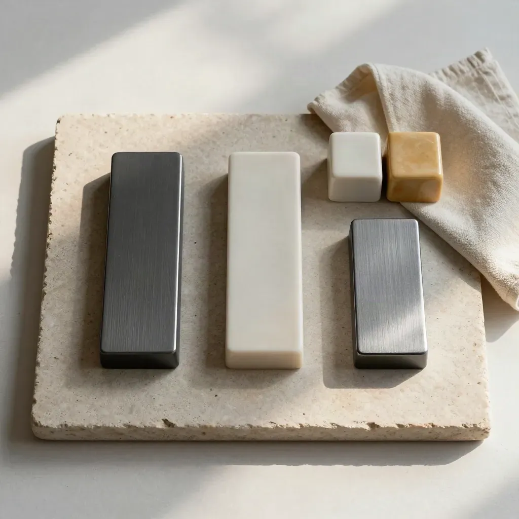 Three devices, ceramic blocks, and a folded cloth arranged on a stone tray under soft light.