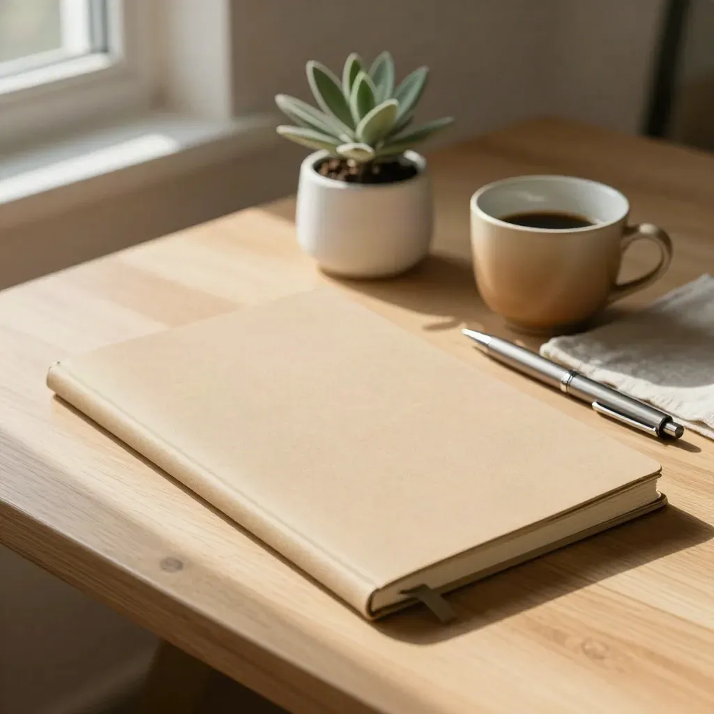 Sand notebook, white cup, small plant and slim pen on pale wood with soft window light.