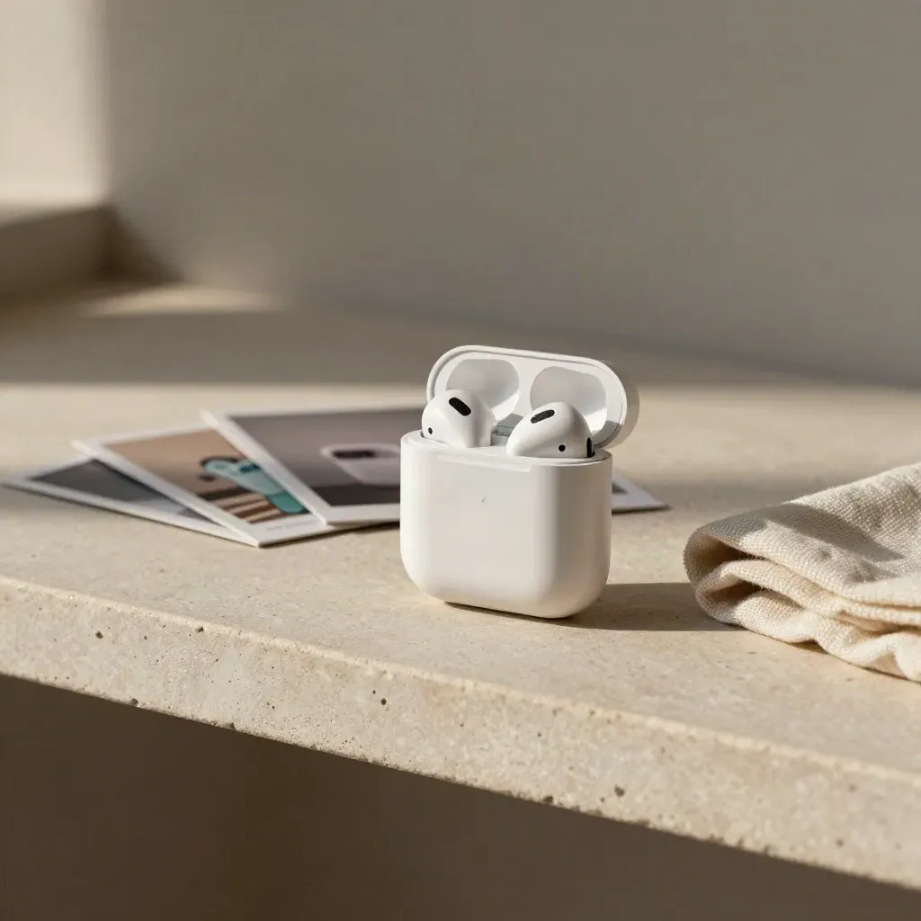 Earbud case with three product samples and folded cloth on pale stone, side-lit with a muted teal accent.
