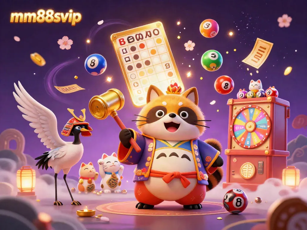 Experience the lucky world of mm88svip with a vibrant festival scene featuring a cheerful tanuki and maneki-neko cats.