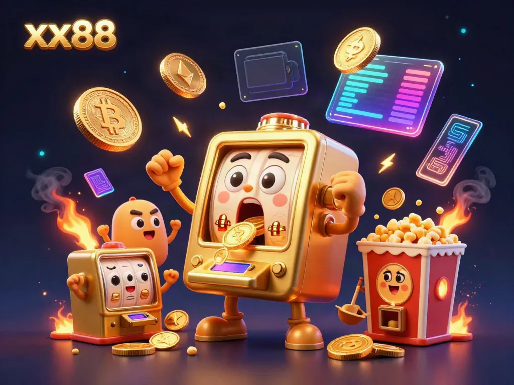 Experience the thrill of xx88 with a golden slot machine jackpot bursting coins in a vibrant casino scene.