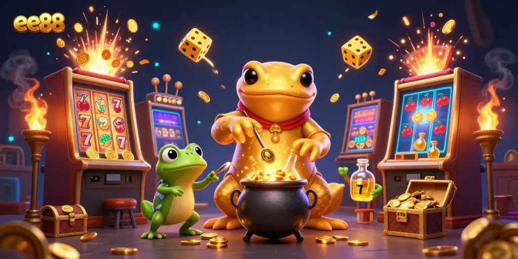 Experience the excitement of ee88 with a golden salamander alchemist in a vibrant casino scene, showcasing rich details and dynamic elements.