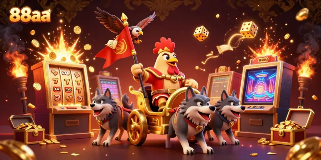 Experience the thrill of 88aa as you join a cartoon rooster warlord in a vibrant casino adventure filled with jackpots.