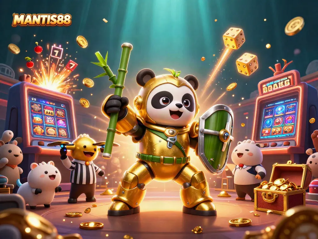 Experience thrilling gameplay with MANTIS88 featuring a golden panda in a dynamic casino scene.