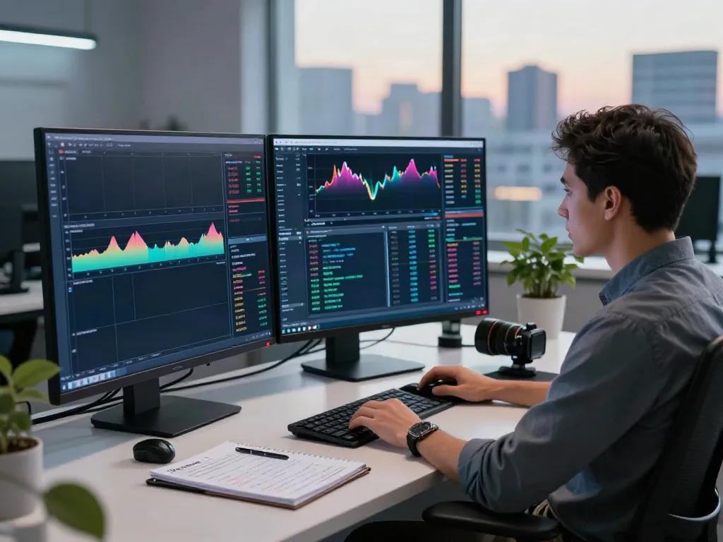 tradingview官网 analytics expert in a high-tech trading workspace with monitors displaying market data and ideas