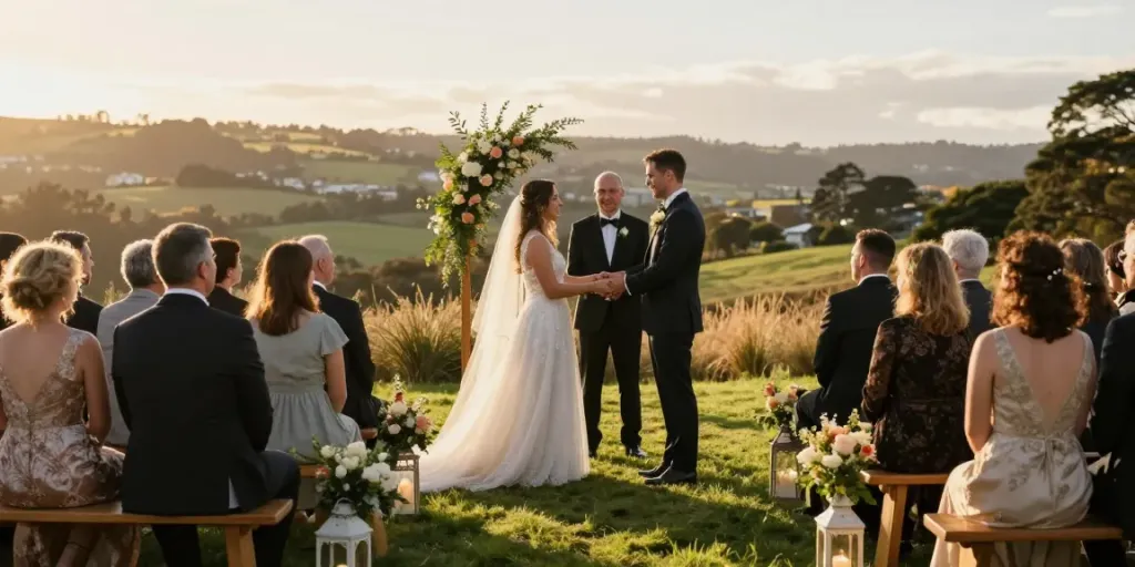 Documentary wedding photographer in Dunedin capturing a couple exchanging vows at a scenic ceremony.