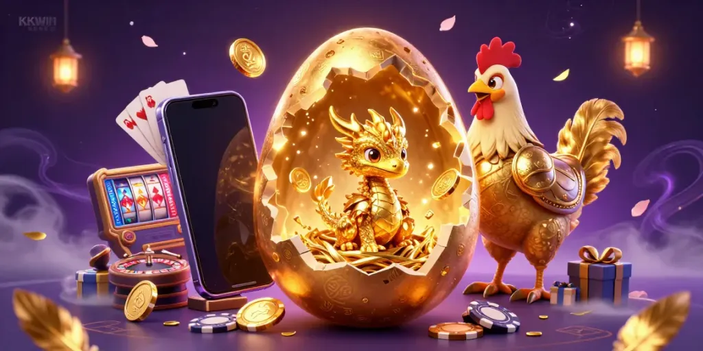 Engage with KKWIN's captivating gaming world featuring a golden egg, golden dragon, and poker chips in a rich casino scene.