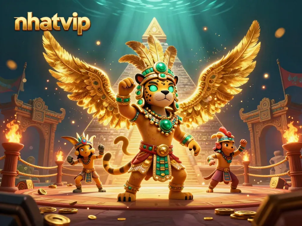 Nhatvip's vibrant 3D illustration showcases a Mayan jaguar priest with a quetzal bird, blending casino elements amid a lively gambling scene.