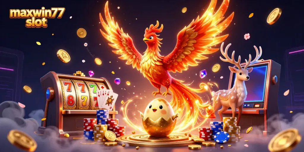Experience maxwin77 slot excitement with a vibrant illustration of a phoenix, coins, and slot reels.
