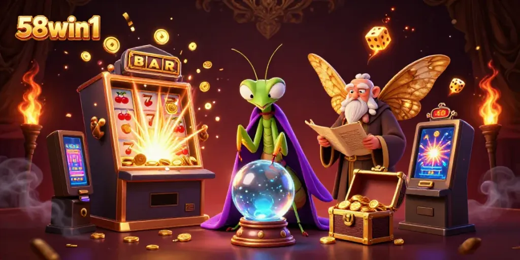 Engage with 58win1's thrilling slot game adventures with an enchanting 3D casino illustration.
