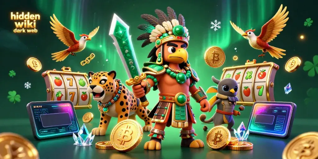 Spin to win at hidden wiki dark web slots featuring vibrant characters and glowing coins.