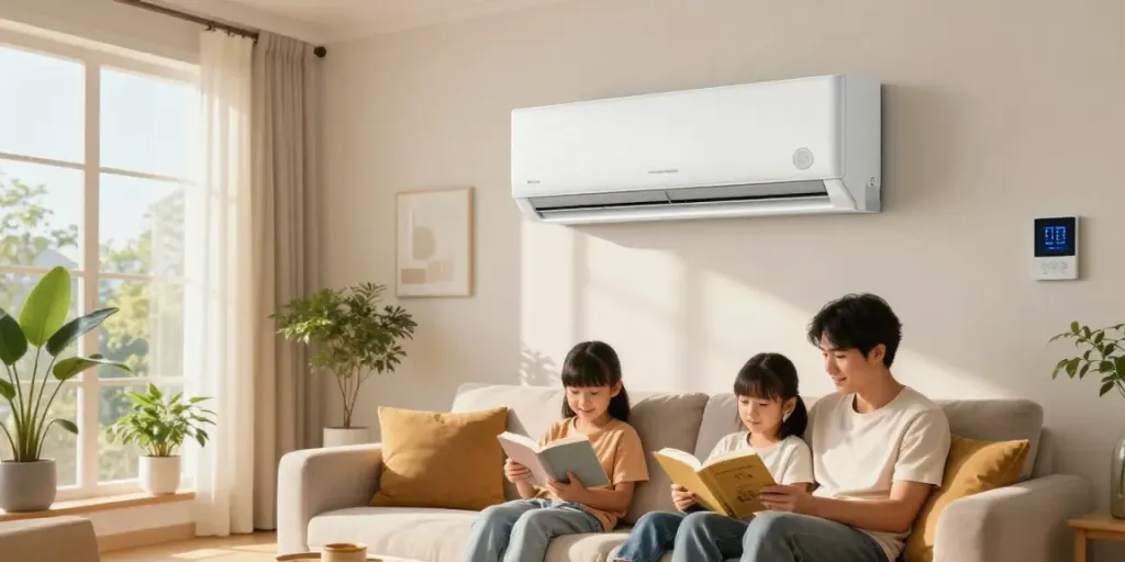 Cozy family living room with a mini split ac system maintaining a comfortable atmosphere.