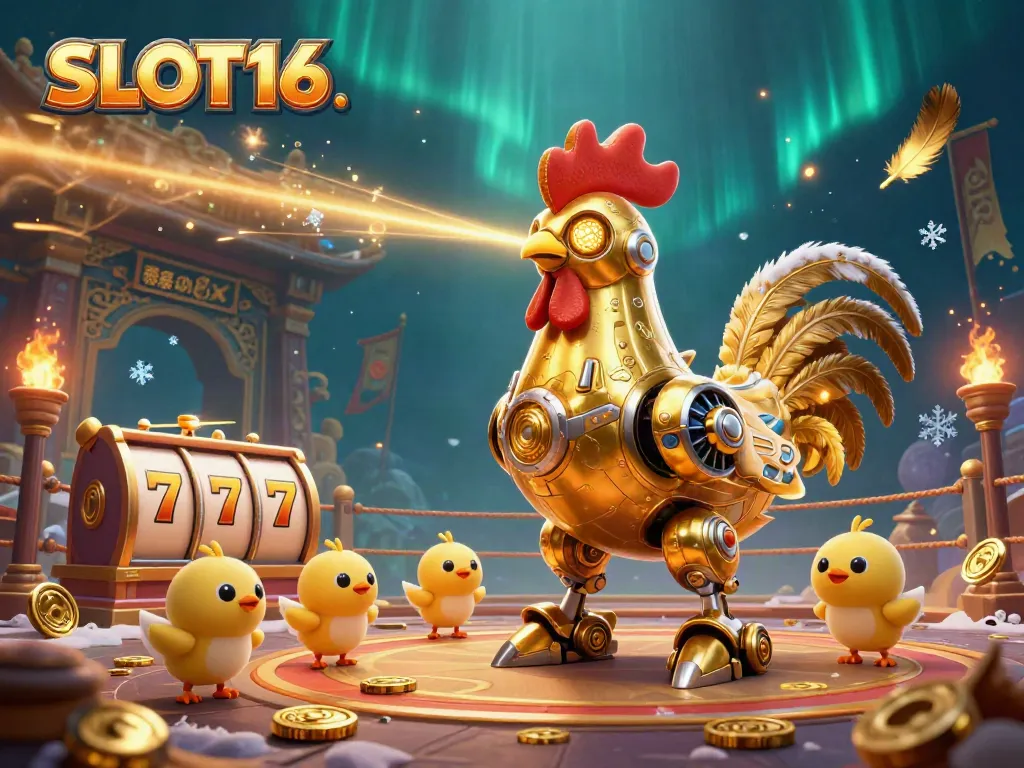 SLOT16 features a dynamic 3D scene with a golden rooster robot and slot reels, energizing the online casino environment.