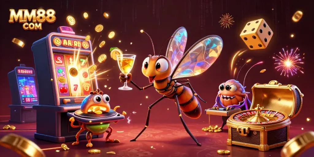Engage with MM88 COM's vibrant casino world featuring an animated mosquito mascot, trilobite DJ, and golden roulette wheel.