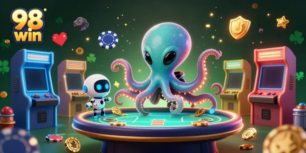 Catch thrilling wins at 98 win with an exciting table game scene featuring alien octopus and robot.