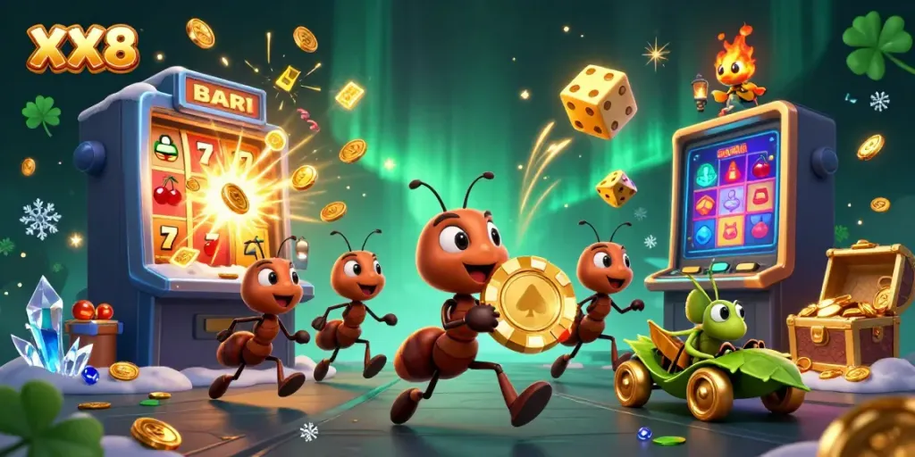 Ants carrying a giant poker chip for XX8 in a vibrant casino heist scene, with dynamic game elements.