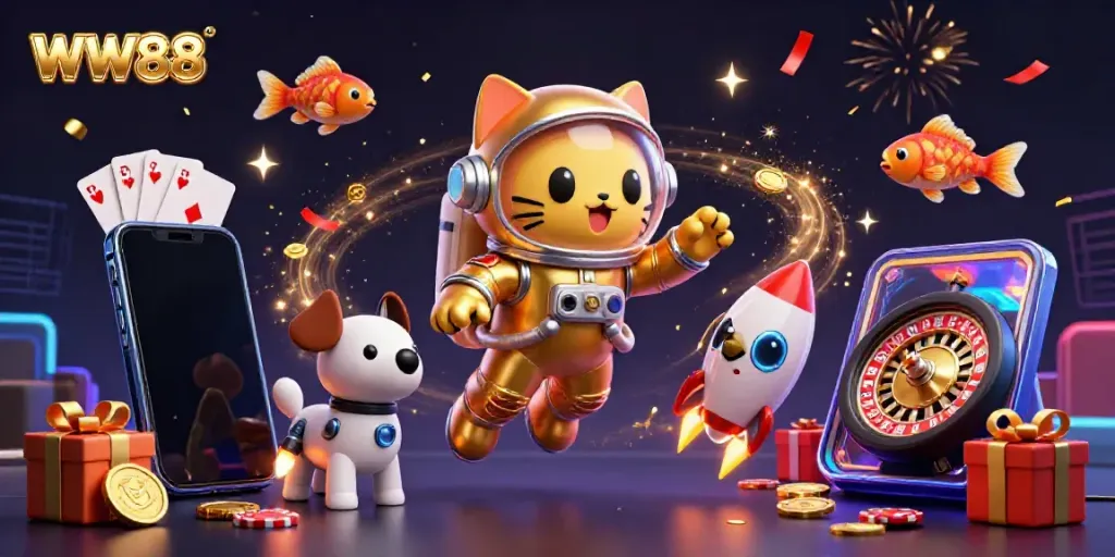 Engage with WW88's vibrant casino games featuring slot reels and the astronaut cat in outer space.