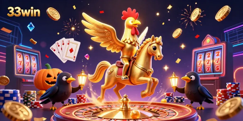 Experience the vibrant casino scene with the golden rooster 33win character amidst 3D game elements and festive decorations.
