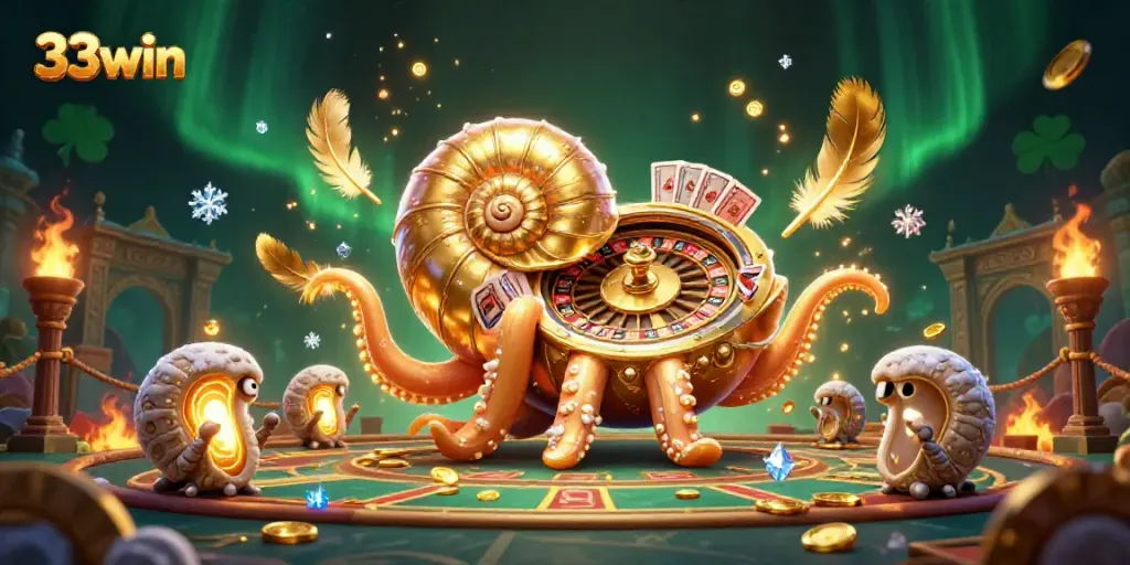 33win giant nautilus roulette character engaging in dynamic gambling action surrounded by glowing ammonite companions and golden game elements, illustrating the thrill of gaming.