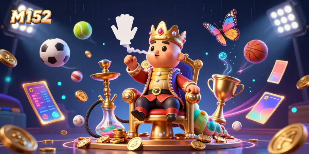M152 showcases an engaging 3D illustration of a caterpillar hookah-master in a casino-themed environment, emphasizing gambling action.
