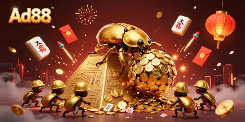 Experience top-tier gaming at Ad88, showcasing a vibrant illustration of casino-themed elements.