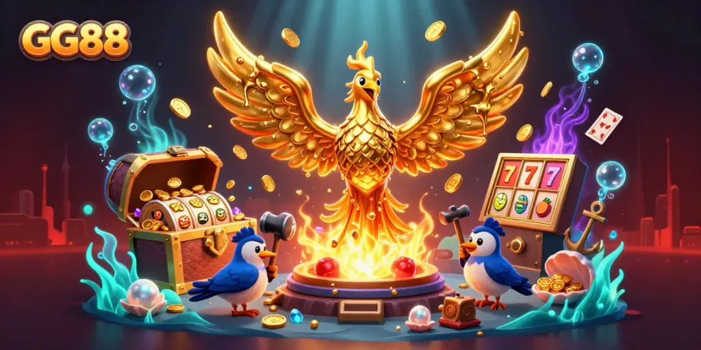Experience excitement at GG88 with a golden phoenix emerging from a vibrant explosion of treasures.