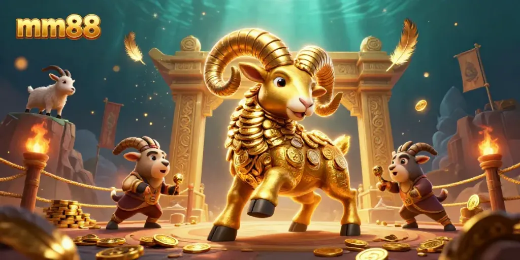 Engage with mm88 thrilling casino adventure featuring dynamic golden ram and festive tokens.