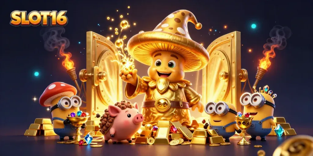 SLOT16 showcases a magical golden mushroom wizard casting spells with treasure, embodying the excitement of casino slots.