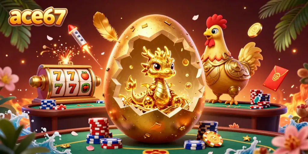 Experience thrilling moments at ace67 with a baby dragon and golden poker chips in a vibrant casino scene.